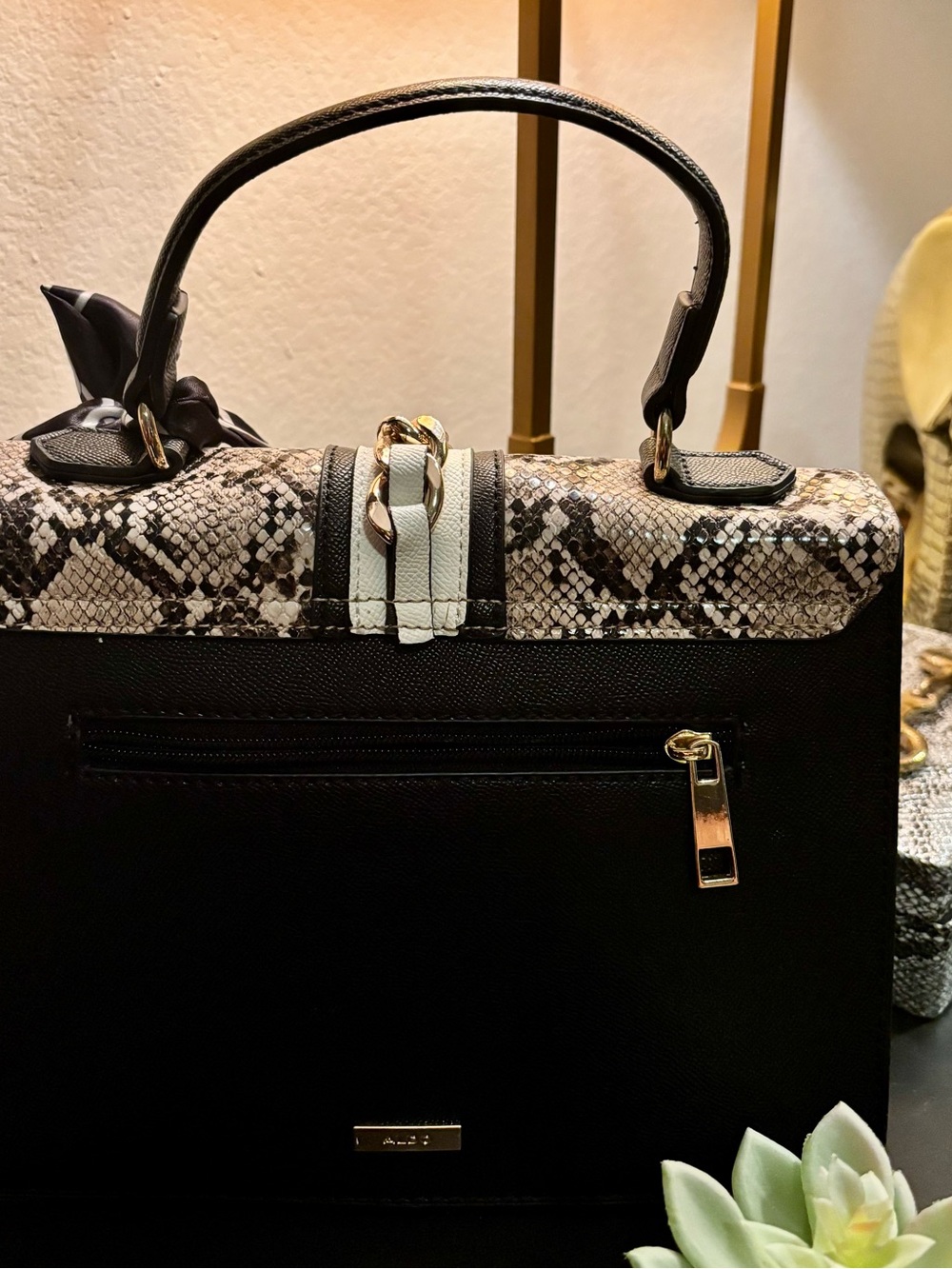 Structured Top-Handle Snake-Print Satchel in Black & Cream - Picture 5 of 8
